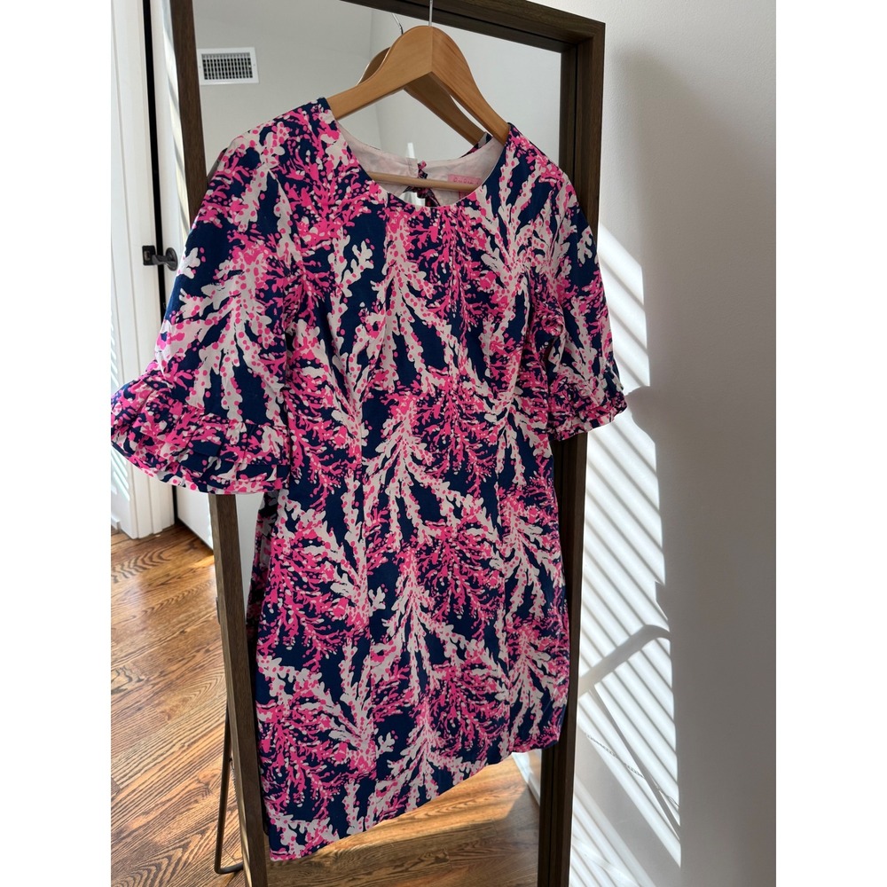 Lilly Pulitzer Navy Pink Coral Ruffle Elbow Sleeve Keyhole Back Fitted Dress  6